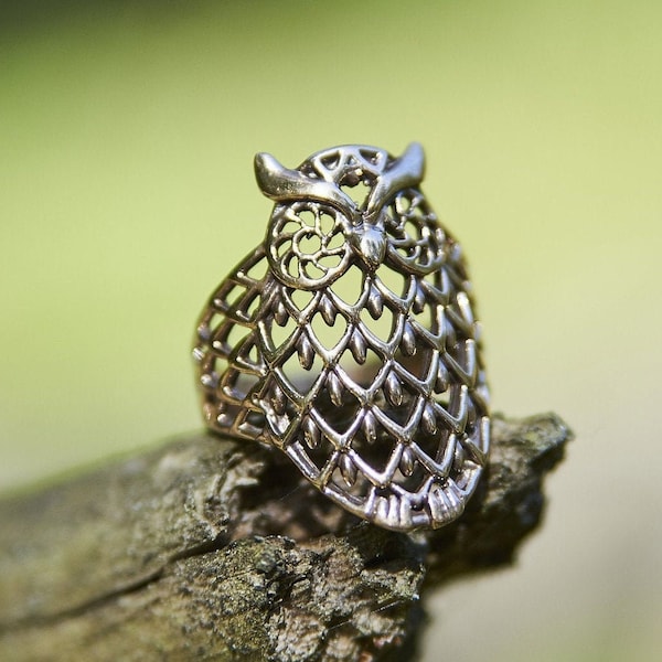 Bague hibou pour femme, bronze ou argent sterling, bijoux hibou, bague oiseau, bague dentelle, bague nature, bague femme or, cadeau pour femme