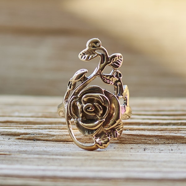 Statement Rose Ring, Sterling Silver Bronze Flower, Boho Bohemian Jewelry Gift