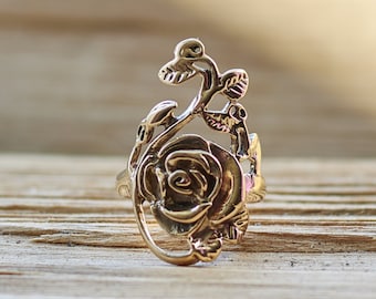 Statement Rose Ring for Women, Sterling Silver/Bronze Flower Boho Ring, Bohemian Jewelry Gift for Her