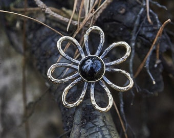 Black Agate Flower Ring, Handcrafted, Gothic Flower Jewelry