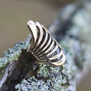 Op de afbeelding: Een goudkleurige ring met een uniek, gelaagd ontwerp. De ring heeft meerdere gebogen banden, waardoor een textuurrijk, open uiterlijk ontstaat. De ring is geplaatst tegen een natuurlijke, mosachtige achtergrond.