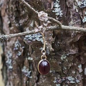 Gothic Rose Necklace with Red Crystal | Handmade Bronze Pendant | Witch Jewelry for Women