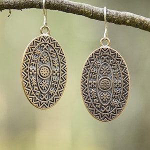 Latvian Ancient Sign Earrings | Bohemian Mandala Earrings | Handcrafted Oval Bronze Dangle Earrings | Ethnic Tribal Jewelry for Women