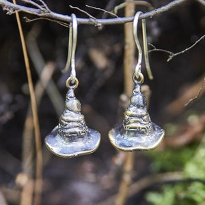 Handmade Witch Hat Earrings | Gothic Bronze Jewelry with Sterling Silver Hooks | Eco-Friendly Latvian Artisan