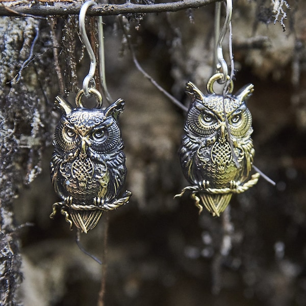 Boucles d’oreilles Owl, Bronze et Argent Sterling, Bijoux Hibou, Bijoux de bois de sorcière