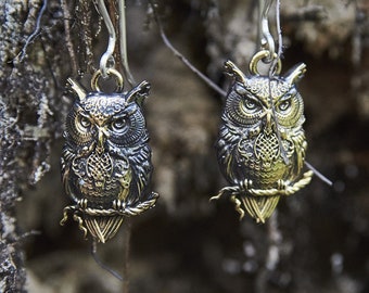 Owl Earrings, Bronze and Sterling Silver, Owl Jewelry, Witchy Woodland Jewelry