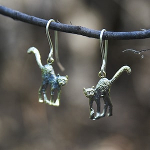 Witchy Cat Earrings | Handmade Bronze & Sterling Silver | Gothic Jewelry Gift for Cat Lovers
