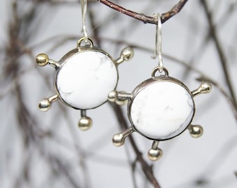 White Stone Round Earrings, Sterling Silver and Bronze, Circle Earrings, Cute Earrings, Handmade Avant Garde Jewelry, Unique Gift for Women