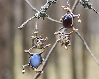 Mismatched Owl Earrings: Handmade Bronze Gothic Crystal Witch Jewelry