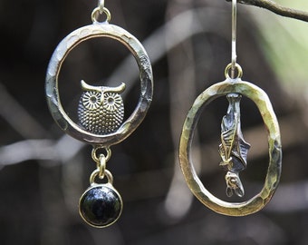 Mismatched Owl and Bat Earrings: Handmade Bronze & Silver Agate Hoops