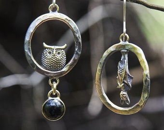 Owl and Bat Earrings. Mismatched Asymmetrical Earrings. Handmade Hammered Earrings. Bronze, Sterling Silver and Agate