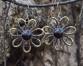 Black Flower Earrings with Black Agate, Gothic Flower Earrings, Spring Jewelry