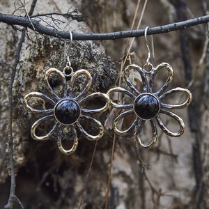Black Flower Earrings | Gothic Agate Dangle | Handmade Bronze & Sterling Silver | Witchy Floral Jewelry |Eco-Friendly Gift for Her