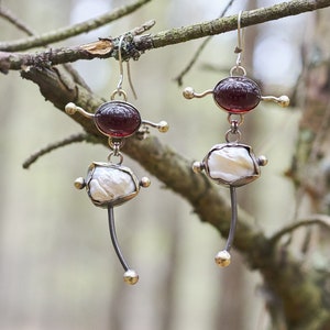 Handmade Asymmetrical Gemstone Earrings | Boho Red Crystal & Mother of Pearl Drop Earrings | Unique Statement Jewelry