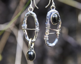 Handmade Gothic Earrings | Bronze & Onyx Dangle | Witchy Eco-Friendly Jewelry | Artisan Hammered Statement Earrings