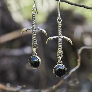 Gothic Crow Claw Earrings | Witchy Black Gemstone Jewelry | Handmade Bronze and Sterling Silver Dangle Earrings