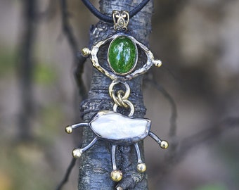 Avant Garde Pendant with Gemstones - Mother of Pearl, Crystal and Bronze