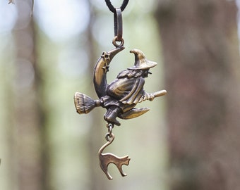 Witch Pendant Necklace, Witchy Jewelry. Witch, Cat and Moon Pendant. Handmade Bronze Necklace. Witchcraft. Witch Jewelry. Cat Jewelry.