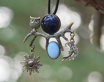 Gothic Witch Necklace | Handmade Bronze Moon Owl Pendant with Moonstone | Fantasy Statement Jewelry