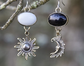 Mismatched Sun and Moon Earrings | Handmade Bohemian Gemstone Dangle Earrings | Asymmetrical Nature-Inspired Jewelry