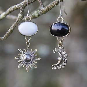 Mismatched Sun and Moon Earrings | Handmade Bohemian Gemstone Dangle Earrings | Asymmetrical Nature-Inspired Jewelry