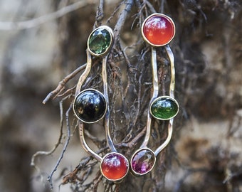 Long Stud Earrings with Gemstones, Colorful Avant Garde Earrings, Bronze and Sterling Silver, Surreal Jewelry