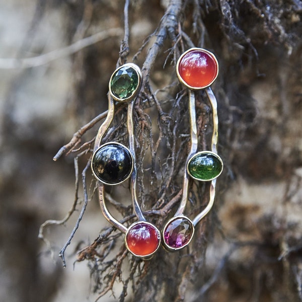 Long Stud Earrings with Gemstones, Colorful Avant Garde Earrings, Bronze and Sterling Silver, Surreal Jewelry