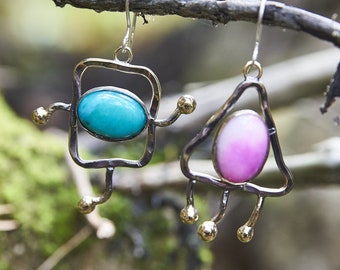 Cool and Weird Colorful Earrings with Jades, Bronze and Sterling Silver, Unique Avant Garde Jewelry