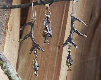 Gothic Bat Jewelry Set: Handmade Bronze Earrings and Pendant