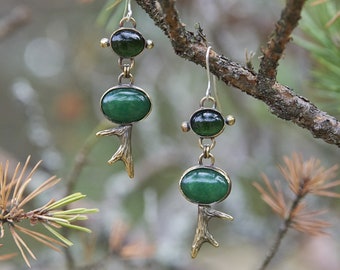 Green Gemstone Earrings, Long Earrings, Unique Handmade Earrings, Bronze Earrings, Drop Earrings, Mismatched Earrings, Oval Earrings, Gift