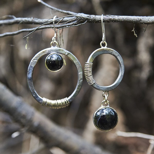 Mismatched Asymmetric Earrings with Black Gemstones, Bronze and Sterling Silver, Handmade Gothic Earrings