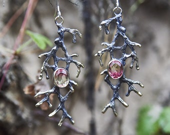 Witchy Bronze Earrings: Sterling Silver, Pink Gemstone, Gothic Jewelry