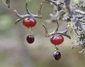 Gothic Red Stone Dangle Earrings | Handmade Bronze Jewelry | Alternative Statement Earrings