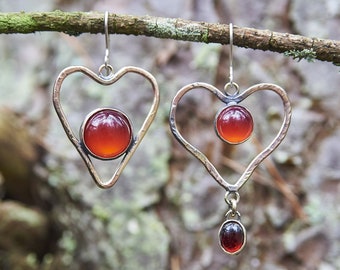 Heart Shaped Earrings with Red Gemstones, Bronze and Sterling Silver, Love Jewelry, Valentine's Day Gift