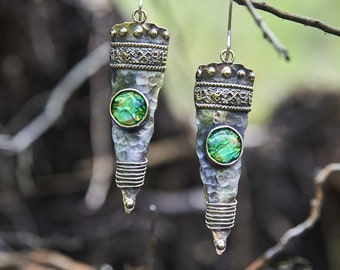 Baltic Ancient Sign Earrings | Handcrafted Bronze Jewelry | Dangle Earrings with Green Gemstone