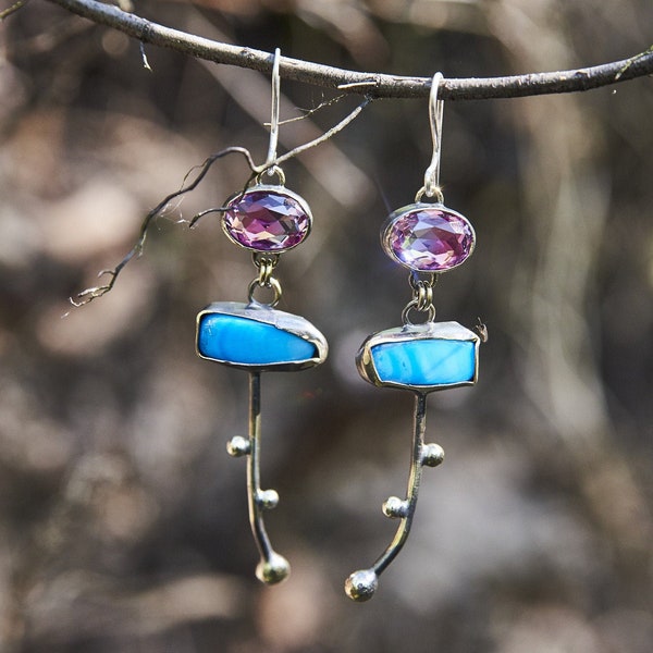 Shiny Pink Amethyst Earrings, Pink and Blue Gemstone Earrings. Long Drop Earrings, Summer Jewelry. Handmade