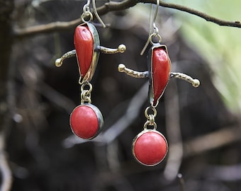 Coral Earrings, Bronze and Sterling Silver, Unique Statement Earrings, Red Gemstones, Coral Jewelry