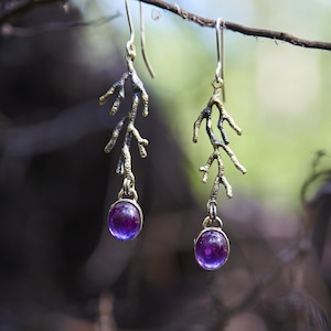 Purple Gemstone Earrings | Handmade Bronze Twig Earrings | Long Dangle Nature-Inspired Jewelry | Unique Gift for Women