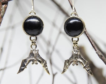 Cool Bat Earrings with Agates, Bronze and Sterling Silver, Witchy Earrings, Occult Jewelry, Gothic Earrings, Black Gemstone Earrings, Gift