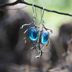 Blue Gemstone Earrings | Handmade Twig Statement Jewelry | Gothic Nature-Inspired Bronze and Silver Dangle Earrings