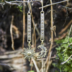 Sun and Moon Bronze Earrings | Celestial Dangle Jewelry | Handcrafted Latvian Symbol | Witchy Boho Gift | Artisan Earrings for Her