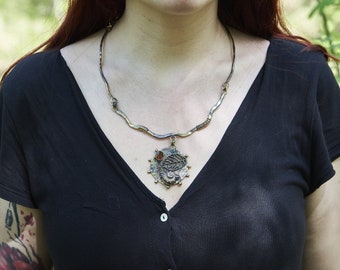 Handcrafted Bronze Nature Necklace: Snail, Leaf & Gemstone Pendant