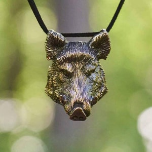 Boar Pendant Necklace for Men, Wild Animal Talisman in Bronze or Silver, Cool Gift for Boyfriend