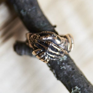 Skeleton Handshake Ring | Gothic Unisex Jewelry | Occult Bronze or Sterling Silver Handmade Ring