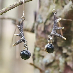 Gothic Witch Earrings with Green Crystal | Handmade Bronze Dangle Earrings |  Sterling Silver Hooks