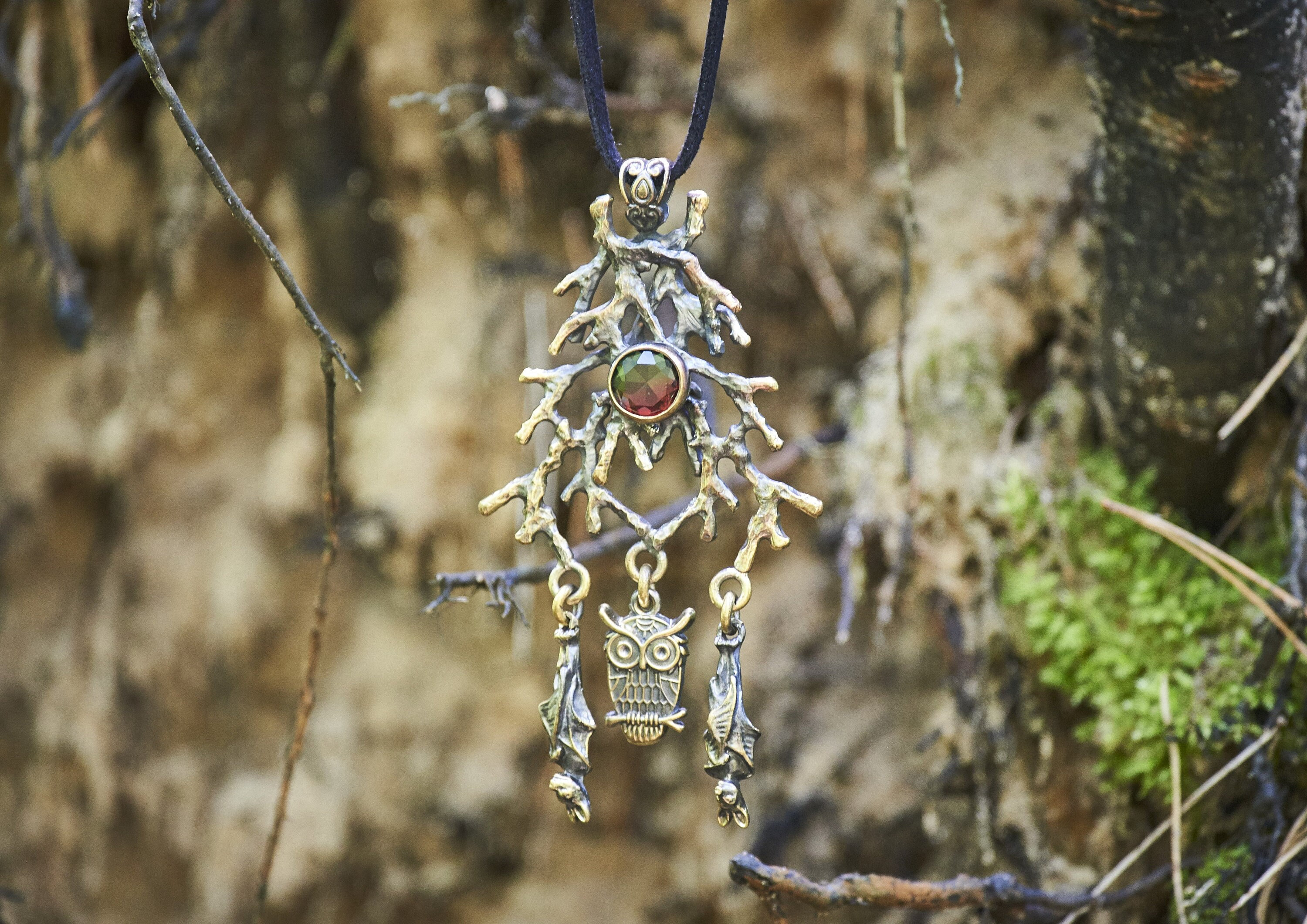 Handcrafted Bronze Owl & Bats Pendant: Citrine Gothic Necklace