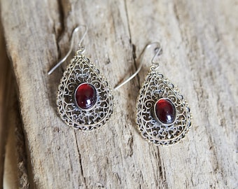 Red Stone Dangle Earrings, Gothic Earrings, Teardrop Earrings, Bronze Earrings, Victorian Drop Earrings, Witch Jewelry Beauty Gift for Women