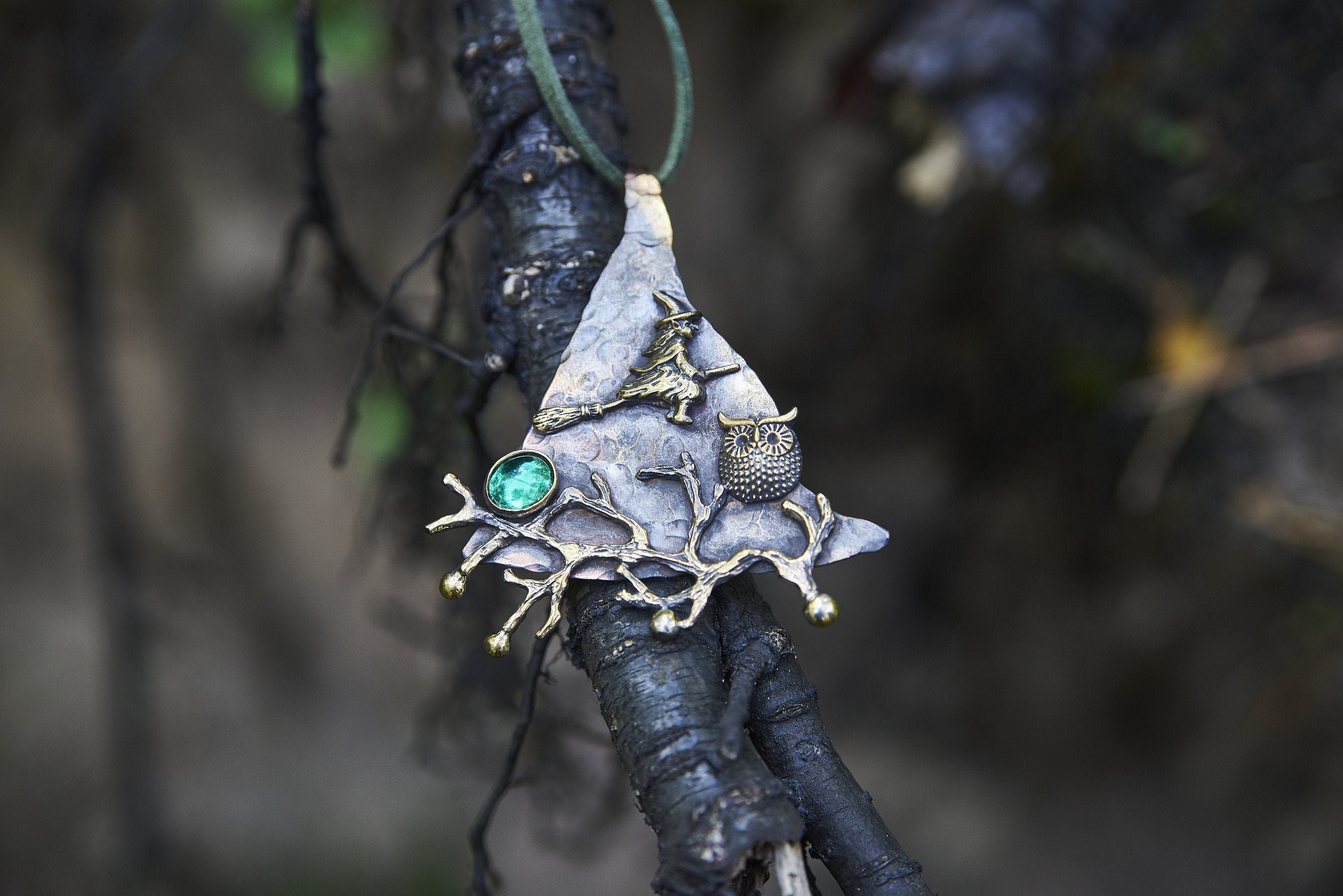 Handmade Bronze Witch & Owl Pendant Necklace: Gothic Fantasy Jewelry