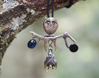 Witch Jewelry, Owl and Bat Pendant, Onyx Necklace, Gothic Jewelry, Nature Jewelry, Unique Handmade Necklace for Women, Witch Necklace, Gift