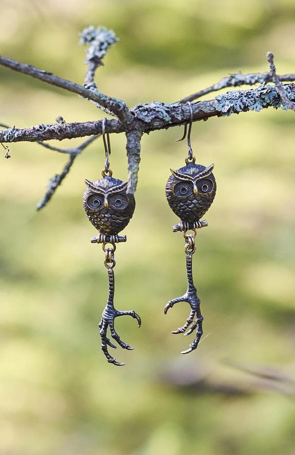 Handcrafted Bronze Owl Earrings with Talon Claws | Bohemian Witch Jewelry | Nature-Inspired Dangle E
